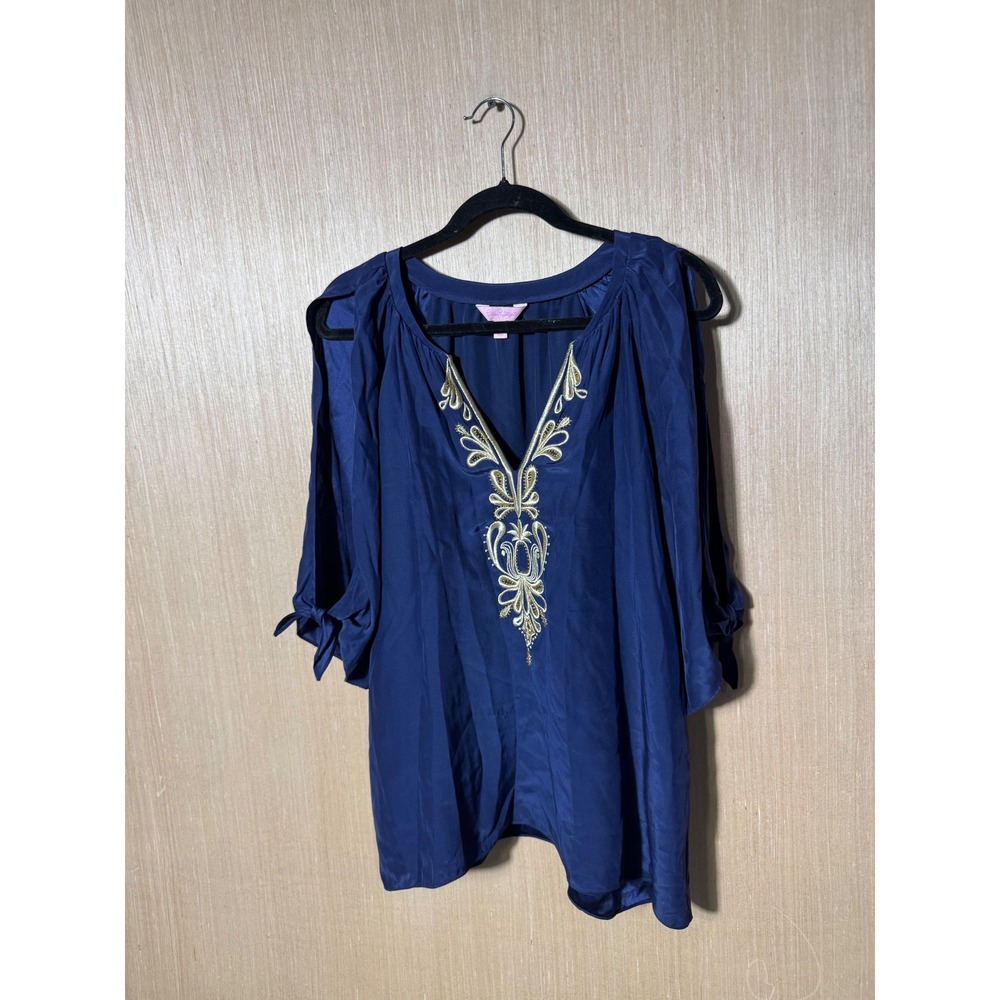 Lilly Pulitzer Navy Blue 100% Silk Cold Shoulder Embroidered V-Neck Blouse Large